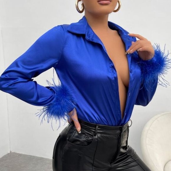 Statement Maker Fuzzy feather Cuff Blouse - Picture 3 of 7